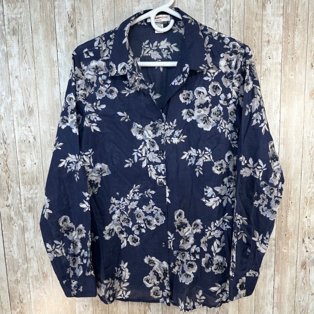 Coldwater Creek‎ Womens 14 Floral Button Down Shirt Lightweight Navy Blue